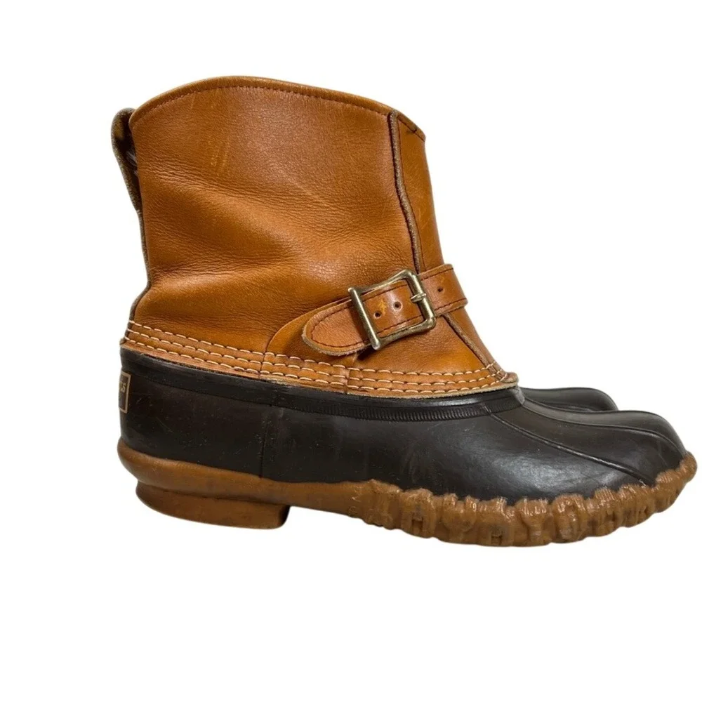 LL Bean Buckle Boots Mens Size 7 Tan Leather Brown Duck Bean Boots‎ USA Buckle